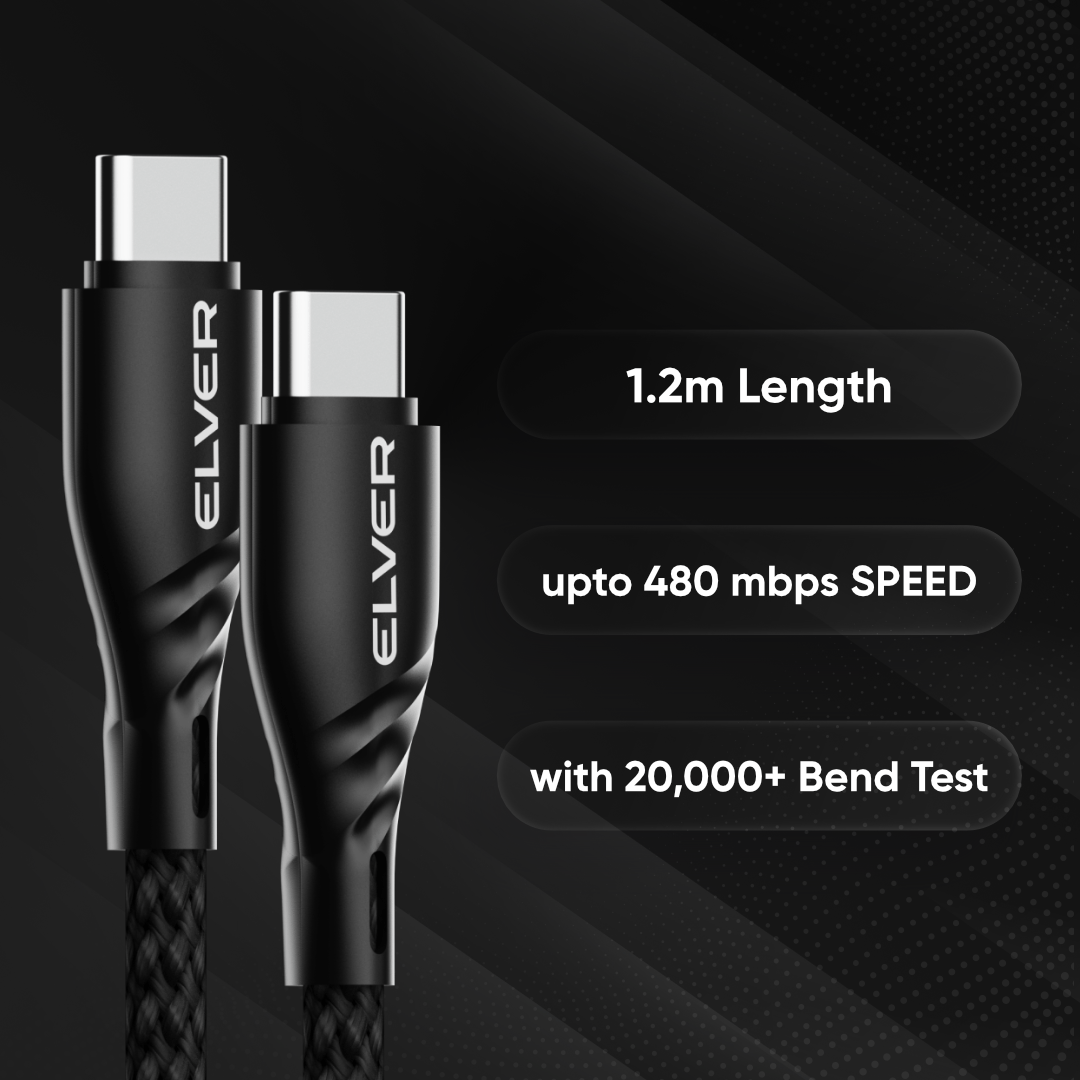 Elver Type-C to Type-C Cable | 1.2M Length, Upto 65W